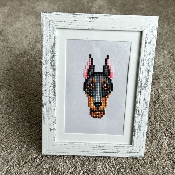 Handmade rhinestone embroidery Doberman breed framed art matted size 4 x 6 - Picture 3 of 6